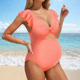 Women’s Maternity One-Piece Swimsuit – Solid Color Pregnancy Bathing Suit with Ruffled Edges, Comfortable Swimwear