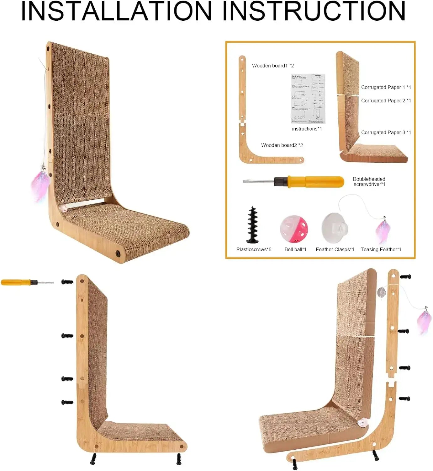 L-Shape Cat Scratcher – 23.6" Cardboard Cat Scratch Pad for Indoor Cats, Protects Furniture, Multi-Angle Cat Scratching Lounge