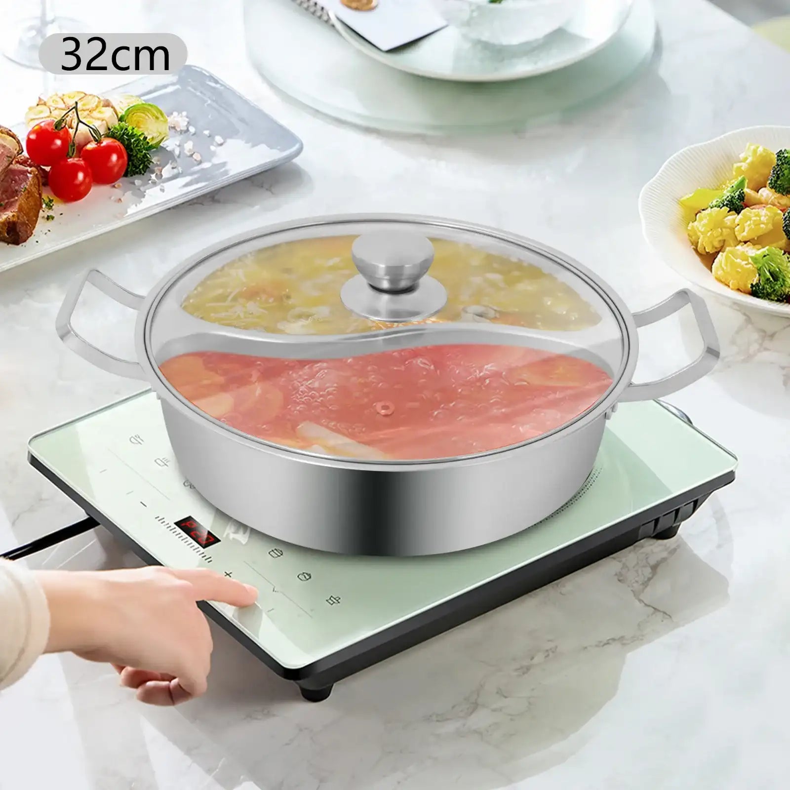 304 Stainless Steel Double-Flavor Hot Pot – Tempered Glass Lid, 5 L / 7 L Capacity