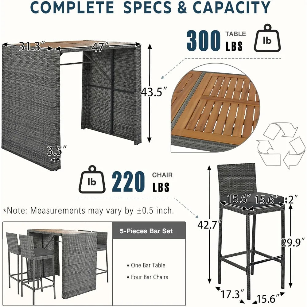 “5-Piece Rattan Patio Bar Set – Outdoor Wicker Furniture with Wood Tabletop & 4 High Stools for Garden, Poolside & Balcony Dining”