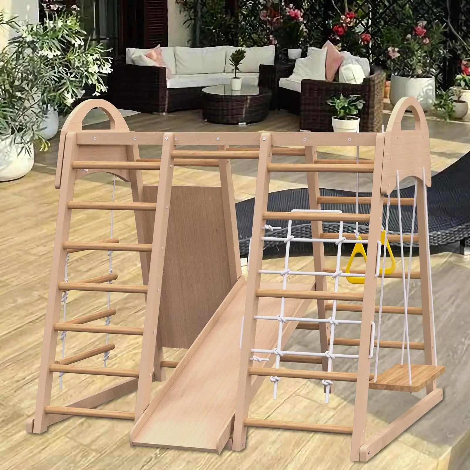 7-in-1 Indoor Jungle Gym Playset – Wooden Climber, Slide, Swing & Monkey Bars for Ages 2-6