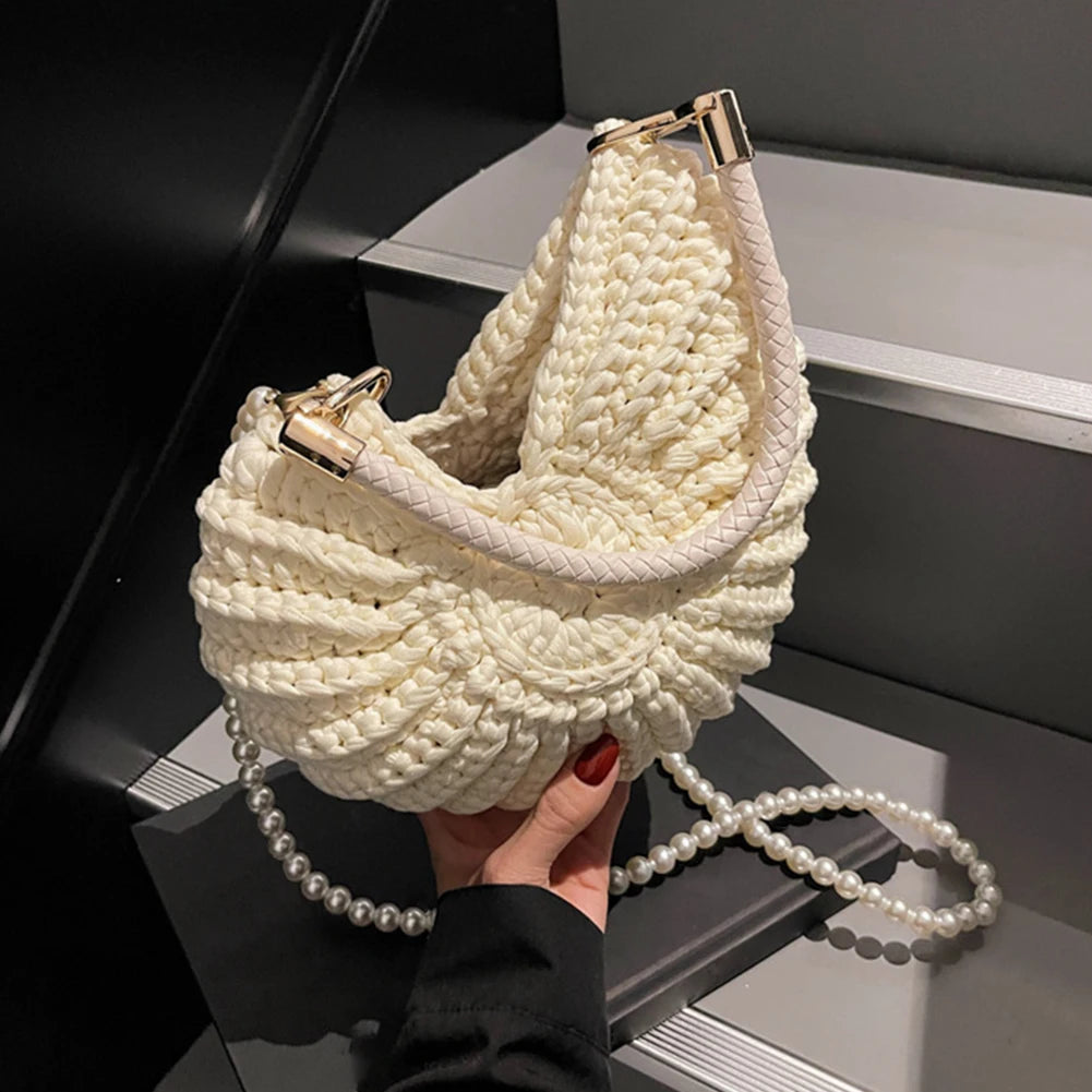 Women’s Handwoven Seashell Beach Bag – Boho Summer Shoulder & Crossbody Clutch with Pearl Chain for Travel & Vacation