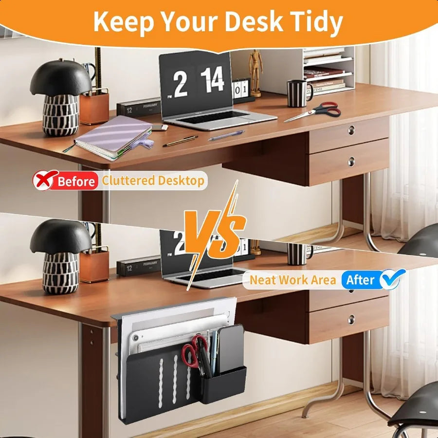 Clamp-On Under-Desk Hanging Organizer with Pen Holder – No-Drill Side Storage Box