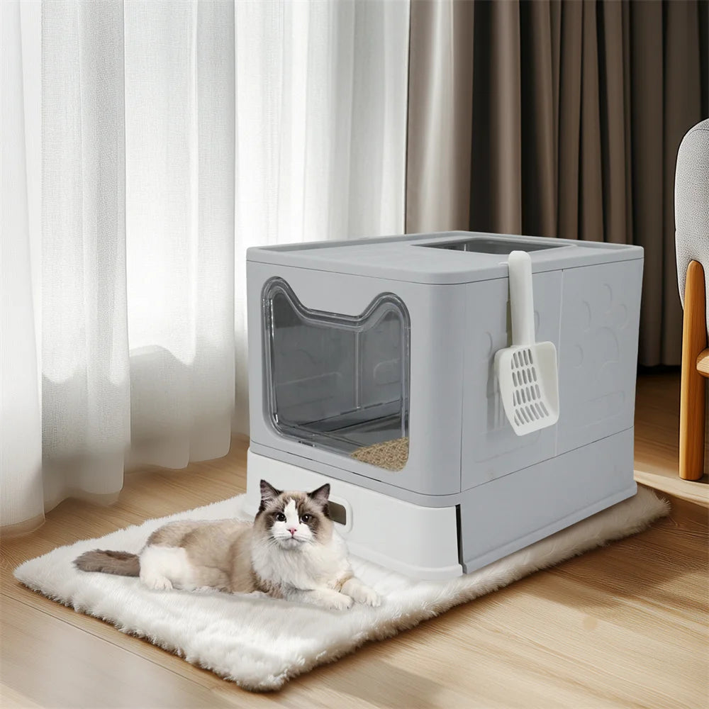 Enclosed Stainless Steel Cat Litter Box with Lid – Large Covered Top-Entry Pan, High-Sided Easy-Clean Design
