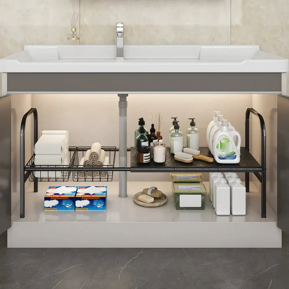 Expandable Under Sink Organizer Rack – 2-Tier Adjustable Cabinet Shelf with Removable Baskets