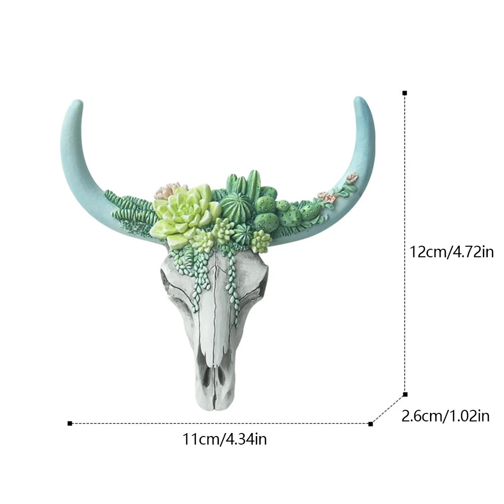 Cow Skull Wall Pendant with Succulent Flowers – Rustic Western Resin Sculpture for Home & Garden Décor