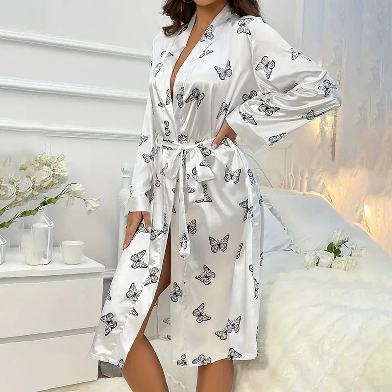 Women’s Satin Nightdress & Kimono Robe Set – Elegant Long Sleeve V-Neck Sleepwear | Silky Pajama Nightgown