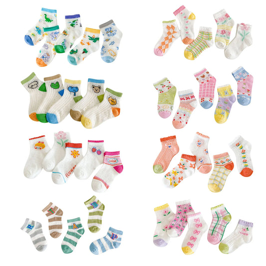 Infant Cartoon Bear Socks – 5-Piece Baby Socks Set with Thin, Breathable Fabric for Summer & Autumn Comfort