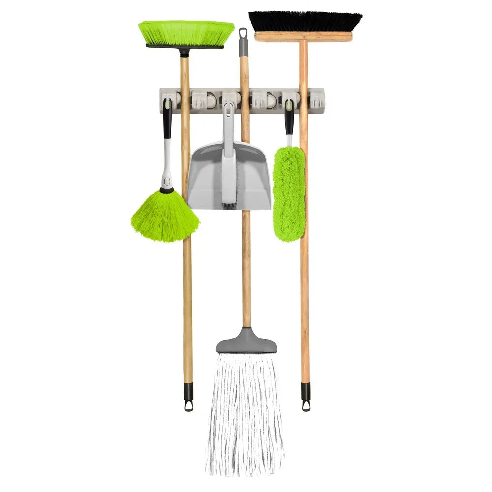 Wall-Mounted Broom & Tool Holder Organizer – 6 Hooks + Anti-Slip Clips for Garage, Kitchen & Utility Room