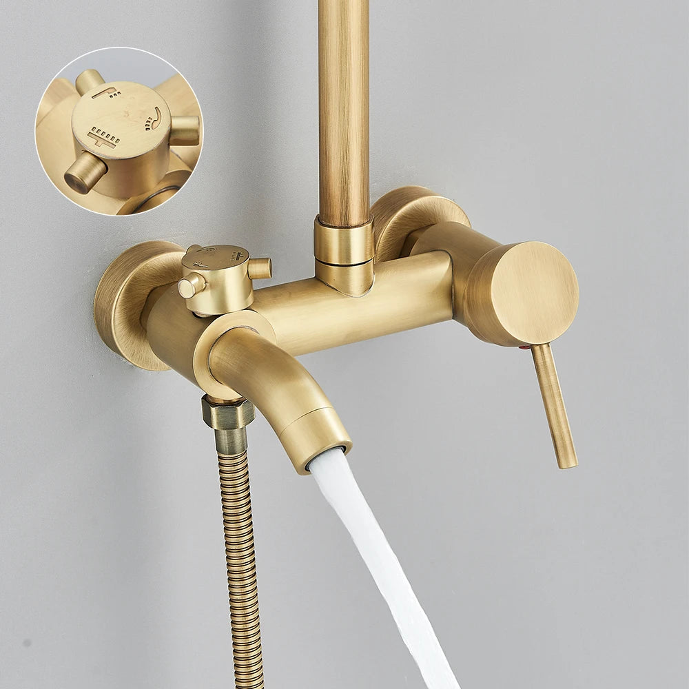 Antique Brass Shower Faucet Set – Wall-Mounted Rainfall Head with Dual Handles Hot & Cold Mixer Tap