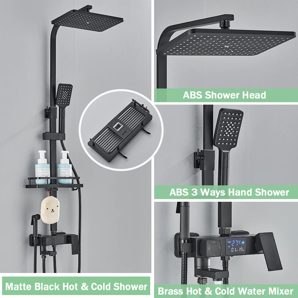 Digital Display Thermostatic Shower Mixer – Matte Black 4-Way Rainfall System with Shelf & Bidet Tap