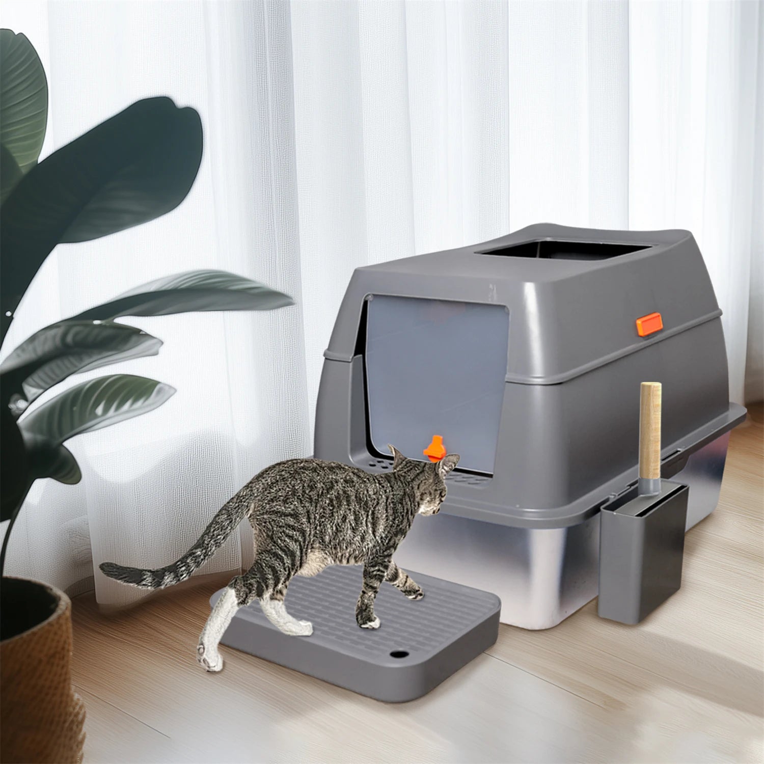 Enclosed Stainless Steel Cat Litter Box with Lid, Extra-Large Metal Tray & High Walls for Big Cats