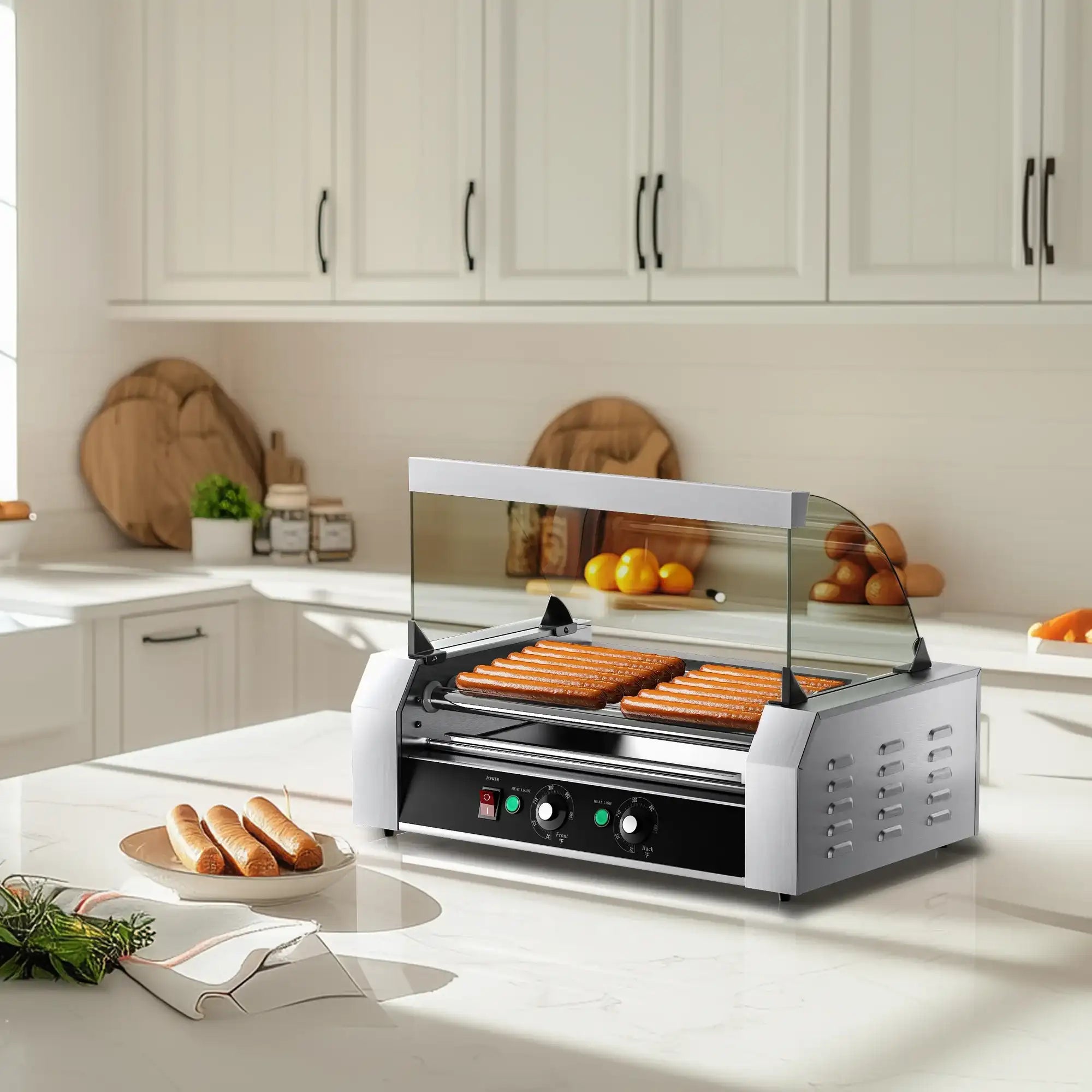 Commercial 18-Hot Dog Roller Grill – 7 Non-Stick Rollers, Dual Zone Control, 900 W, PFOA & PFAS Free