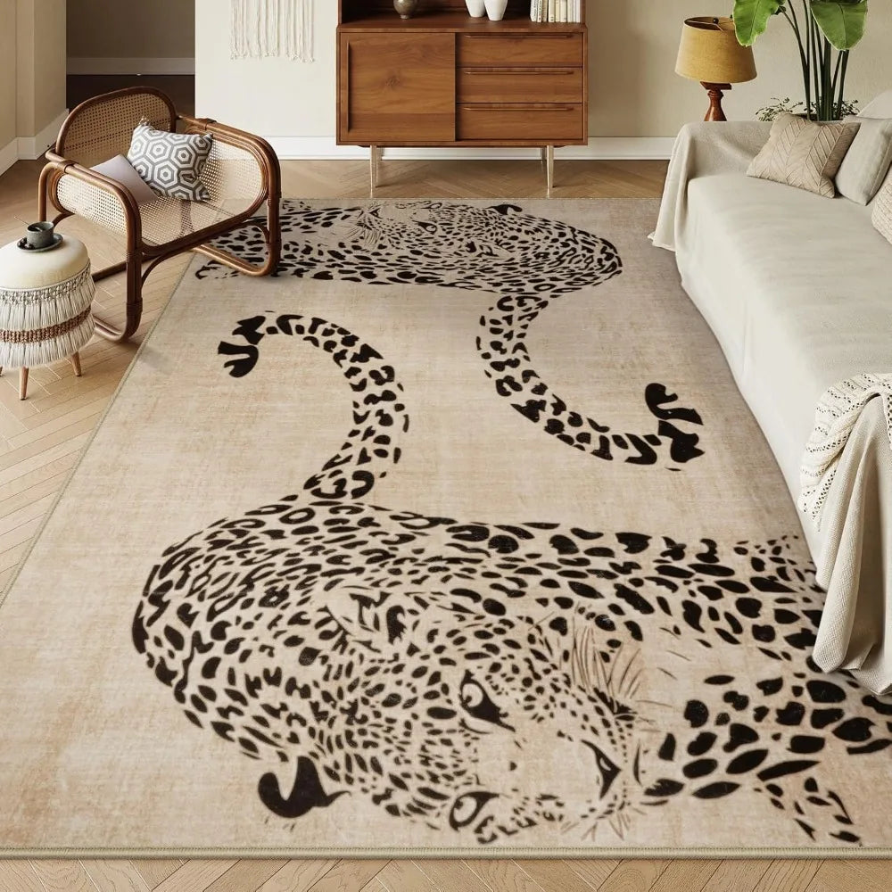 Leopard Print Area Rug 8x10 – Washable Ultra-Thin Non-Slip Modern Rug for Living Room & Bedroom