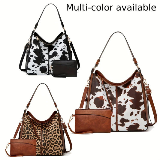 2-Piece Cow-Pattern Tote Bag Set for Women – PU Leather Large Shoulder Bags with Multi-Pockets