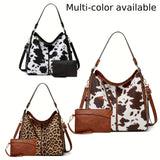 2-Piece Cow-Pattern Tote Bag Set for Women – PU Leather Large Shoulder Bags with Multi-Pockets