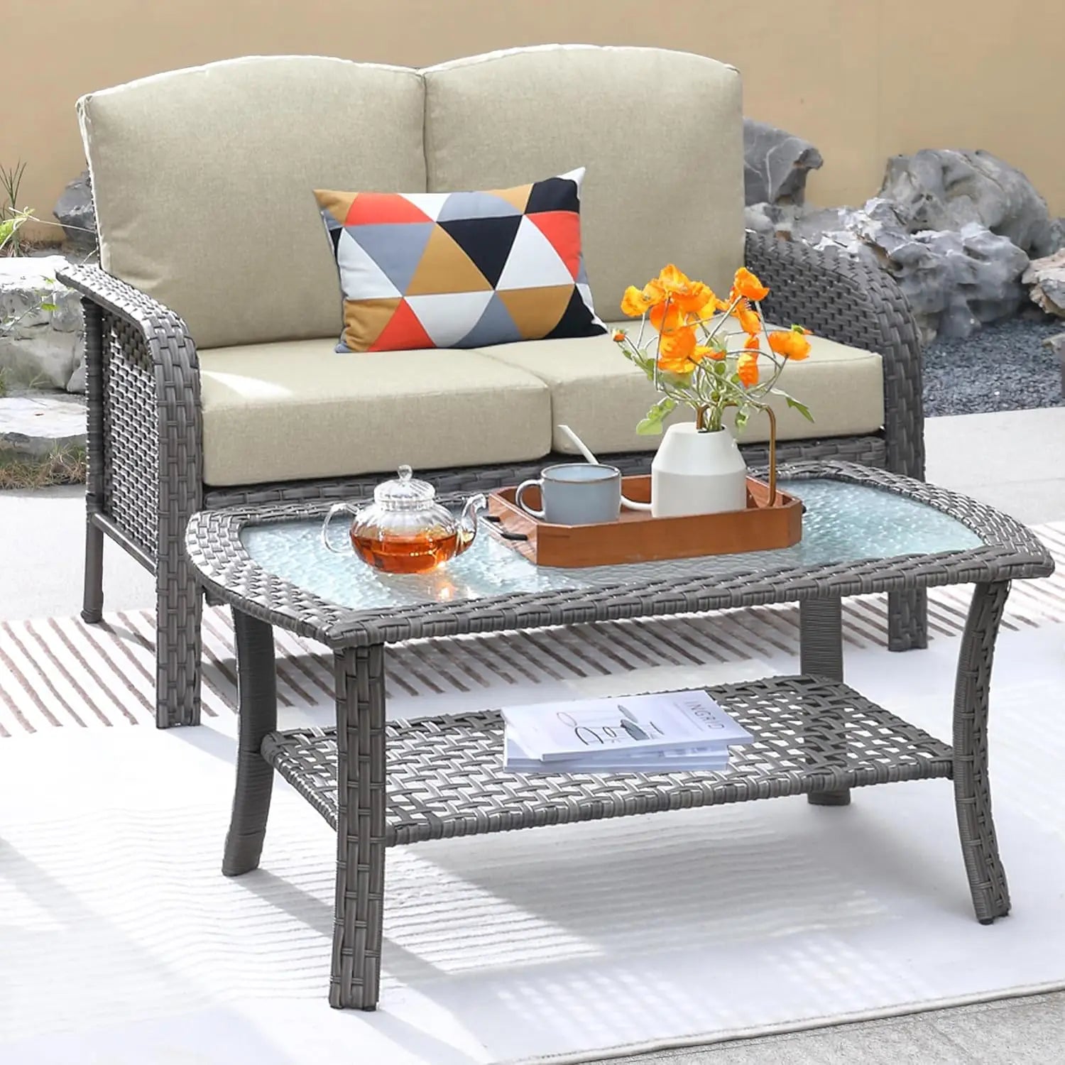 “2-Piece Patio Furniture Set – Outdoor Wicker Loveseat Sofa with High Back & Glass Coffee Table, All-Weather Rattan”