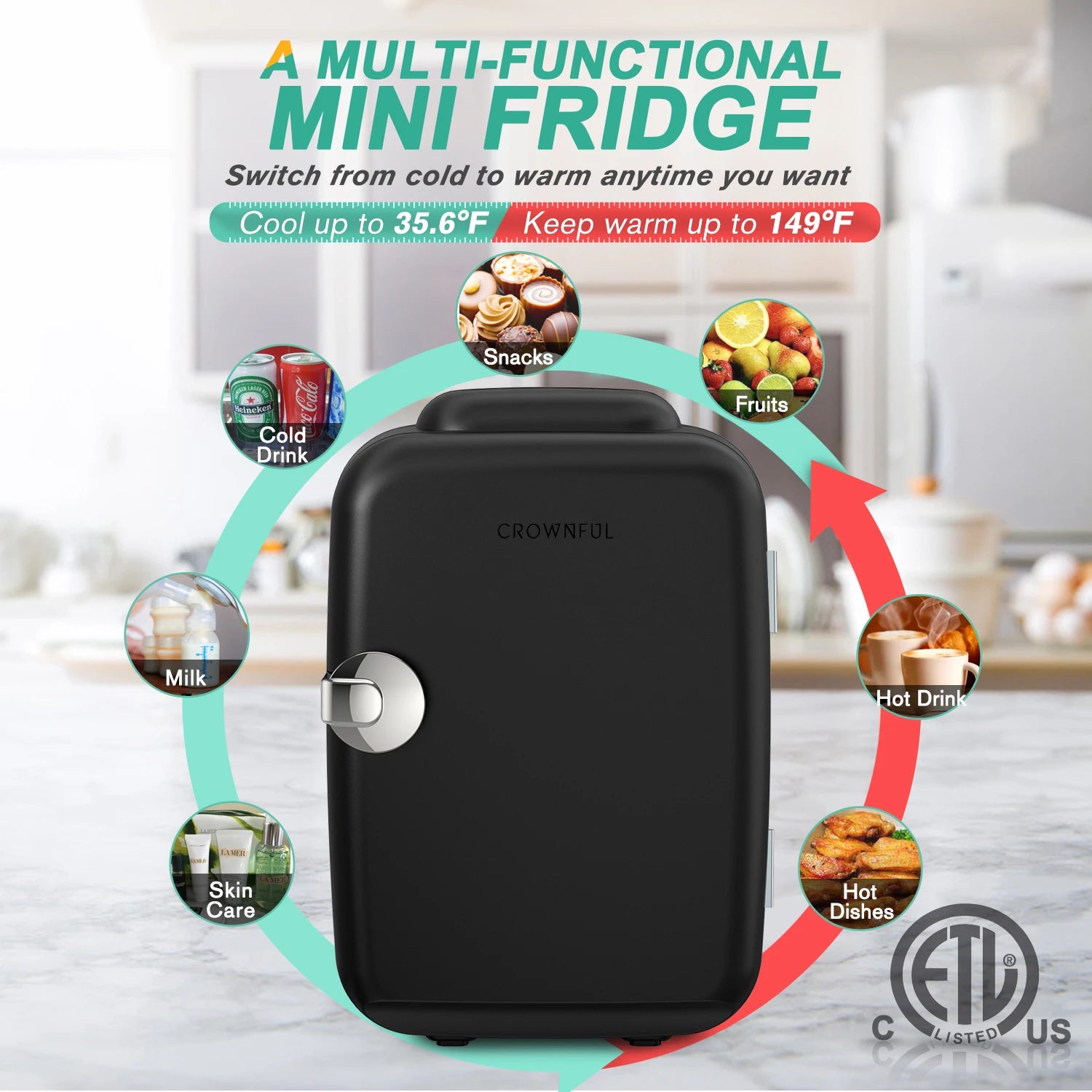 Crownful 4 L Mini Fridge – AC/DC Cooler & Warmer for Beauty, Skincare, Car & Travel