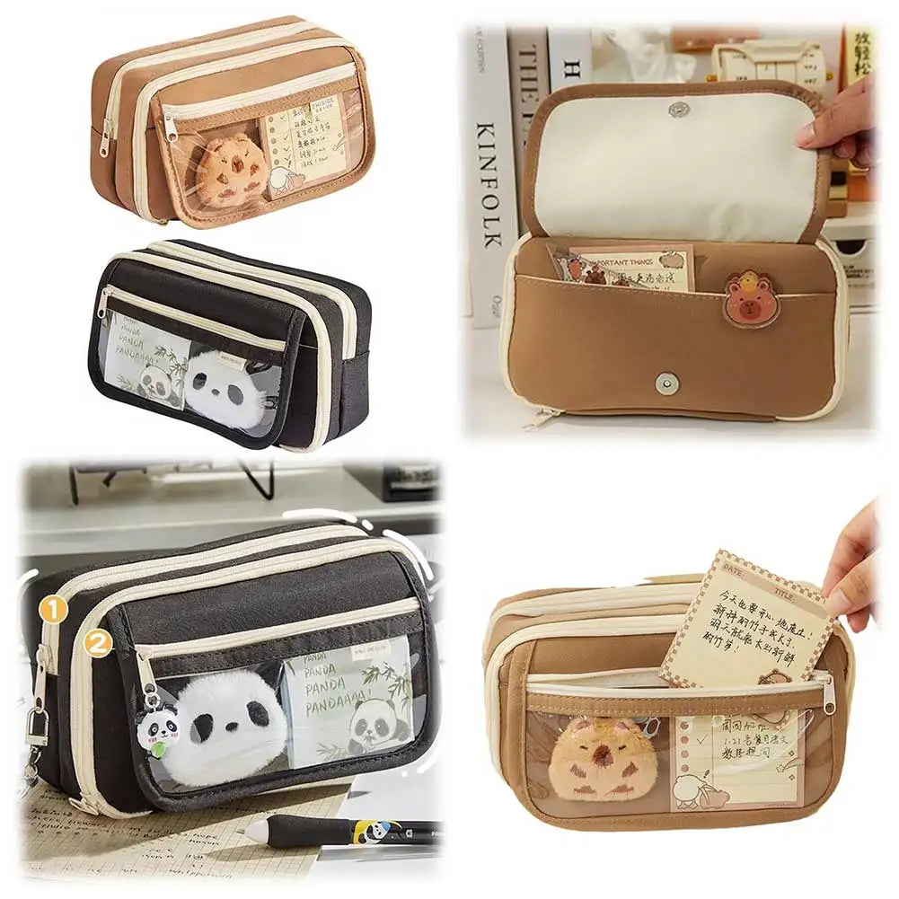 9-Layer Kawaii Capybara Zipper Pencil Case with Stickers – Canvas Stationery Storage Pouch