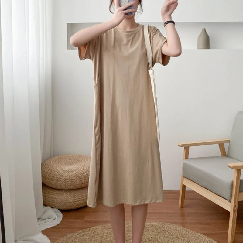 Women’s Cotton Maternity Dress – Pure Color Long Skirt with Nursing Access, Short Sleeve Pregnancy & Breastfeeding Clothes