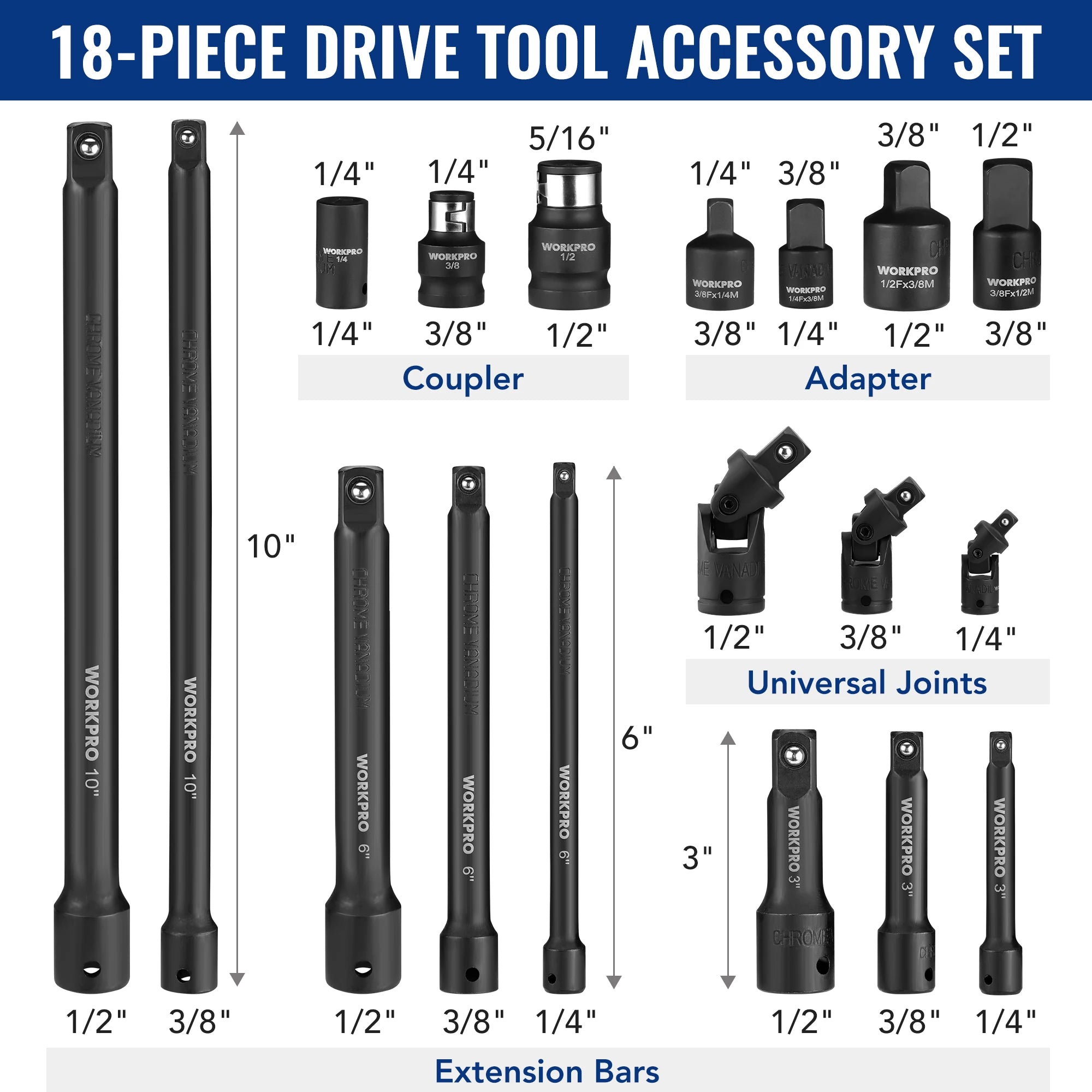 18-Piece Drive Tool Accessory Set – Magnetic Socket Adapters, Extension Bars & Universal Joints 🔧