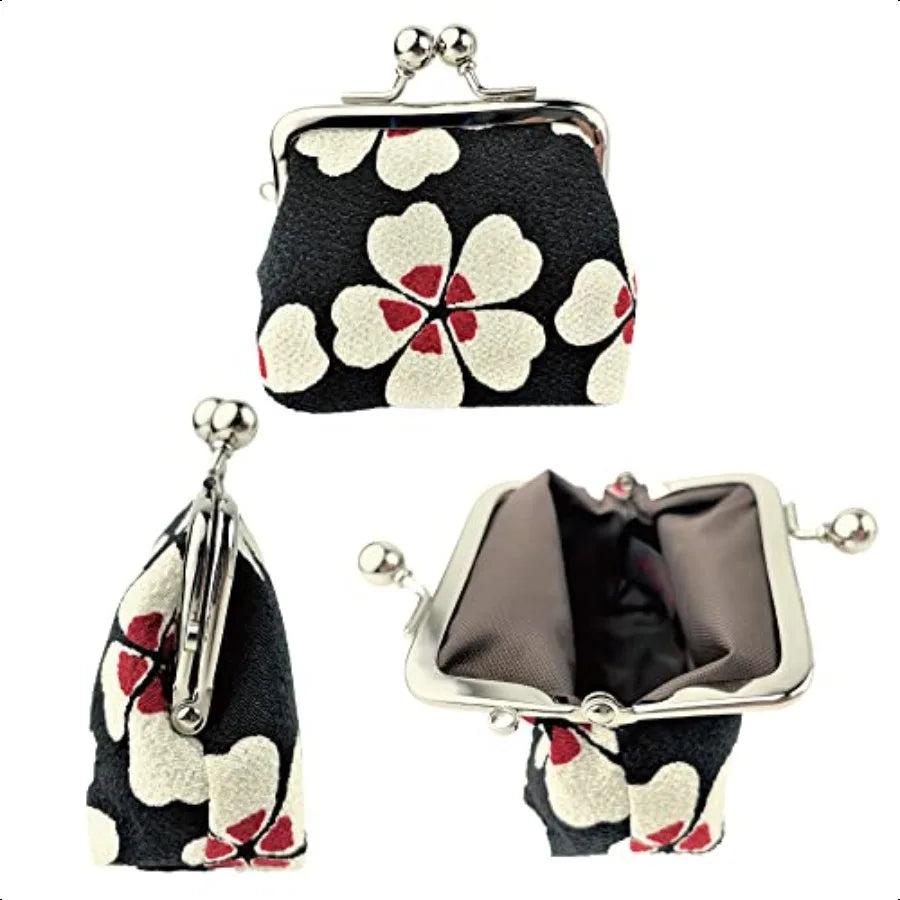 Japanese Edo Komon Coin Purse – Traditional Cherry Blossom Design Small Change Pouch (Black)