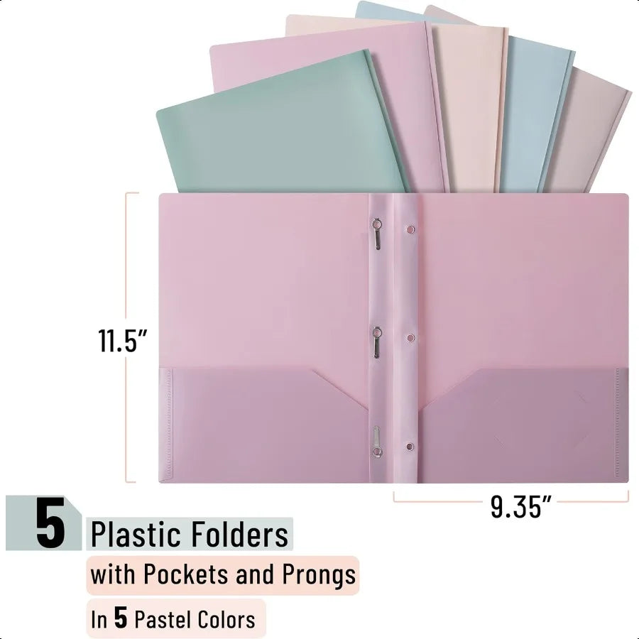 Plastic Folders with Pockets & Prongs – 5-Pack Muted Pastel Colors, Letter Size (8.5" x 11") 🗂️