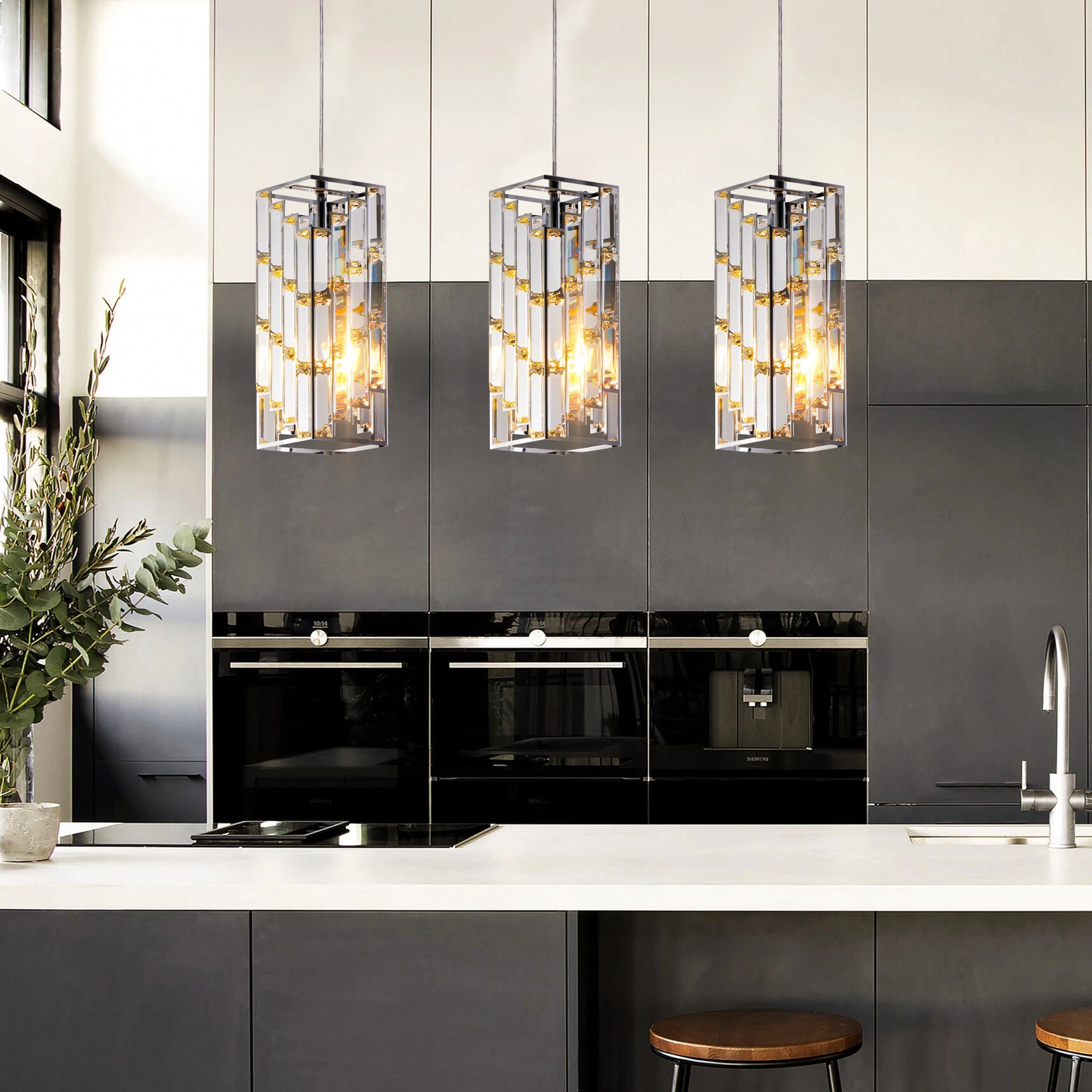 Modern Crystal Pendant Light – 3 Pack Adjustable Hanging Ceiling Lamps with Crystal Prism Design & Chrome Finish