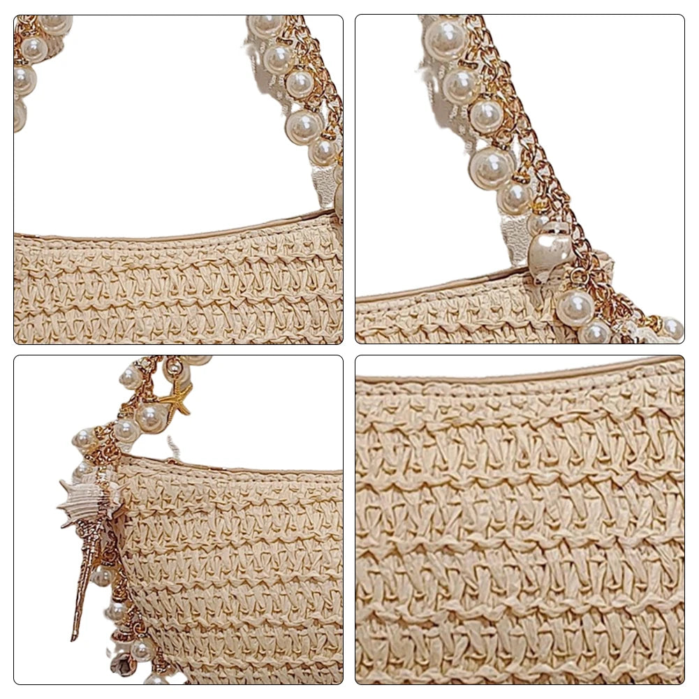 Women Pearl “Conch” Shoulder Bag with Pearl-Chain Strap – Elegant Straw Tote for Party & Commute
