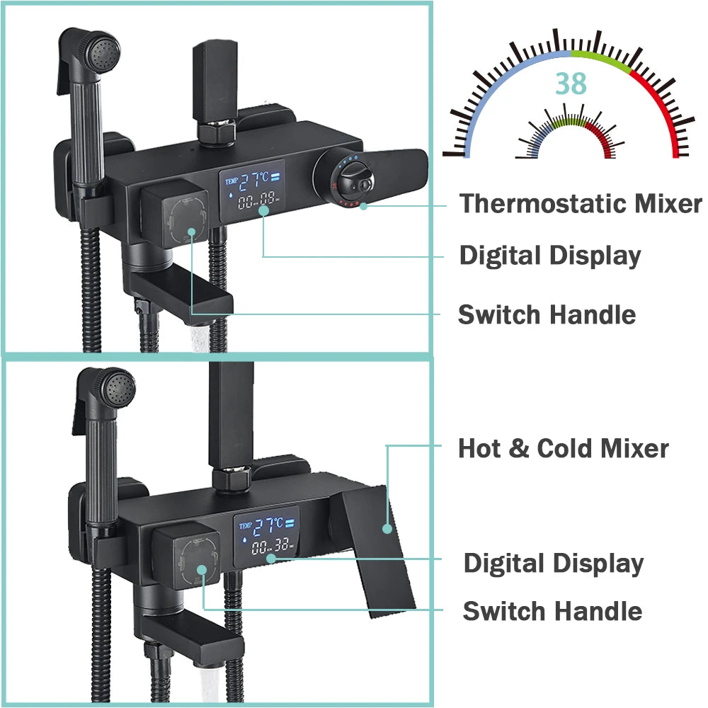 Digital Display Thermostatic Shower Mixer – Matte Black 4-Way Rainfall System with Shelf & Bidet Tap