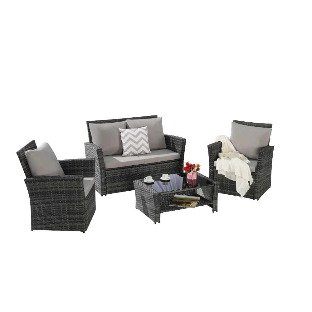 “4-Piece Outdoor Patio Furniture Set – Rattan Chairs with Sofa & Tempered Glass Coffee Table”