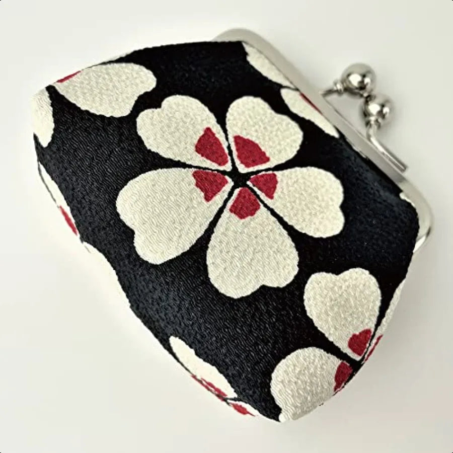 Japanese Edo Komon Coin Purse – Traditional Cherry Blossom Design Small Change Pouch (Black)