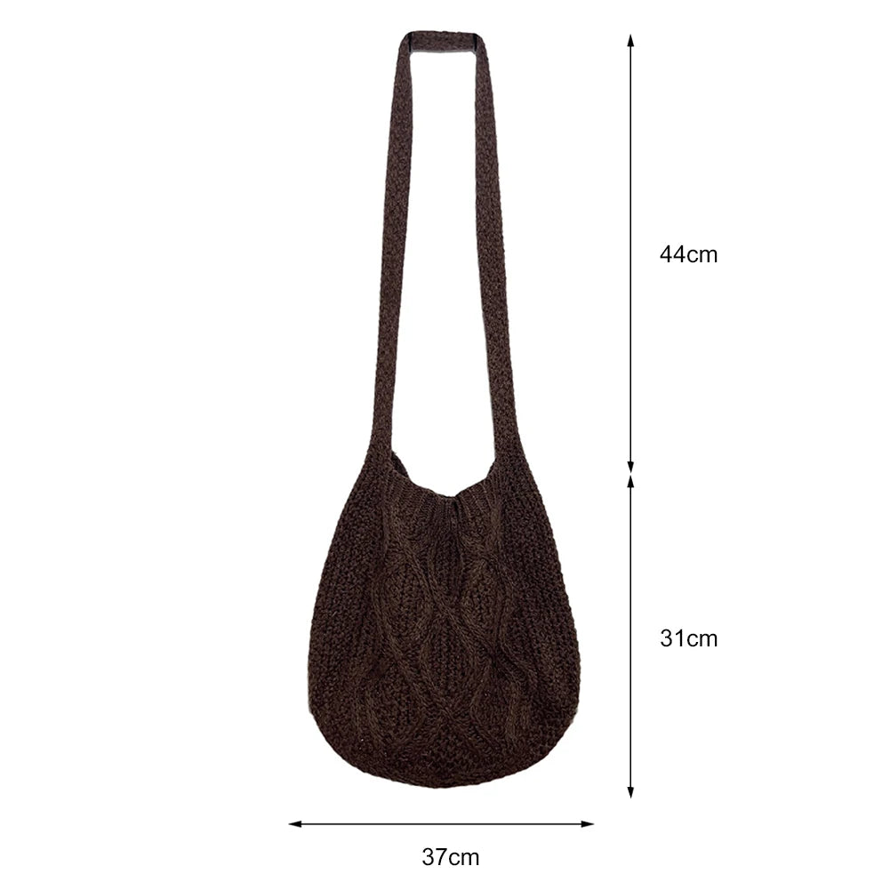 Wool-Knitted Shoulder Shopping Bag for Women – Vintage Cotton Cloth Tote, Large Crochet-Style Shopper Handbag