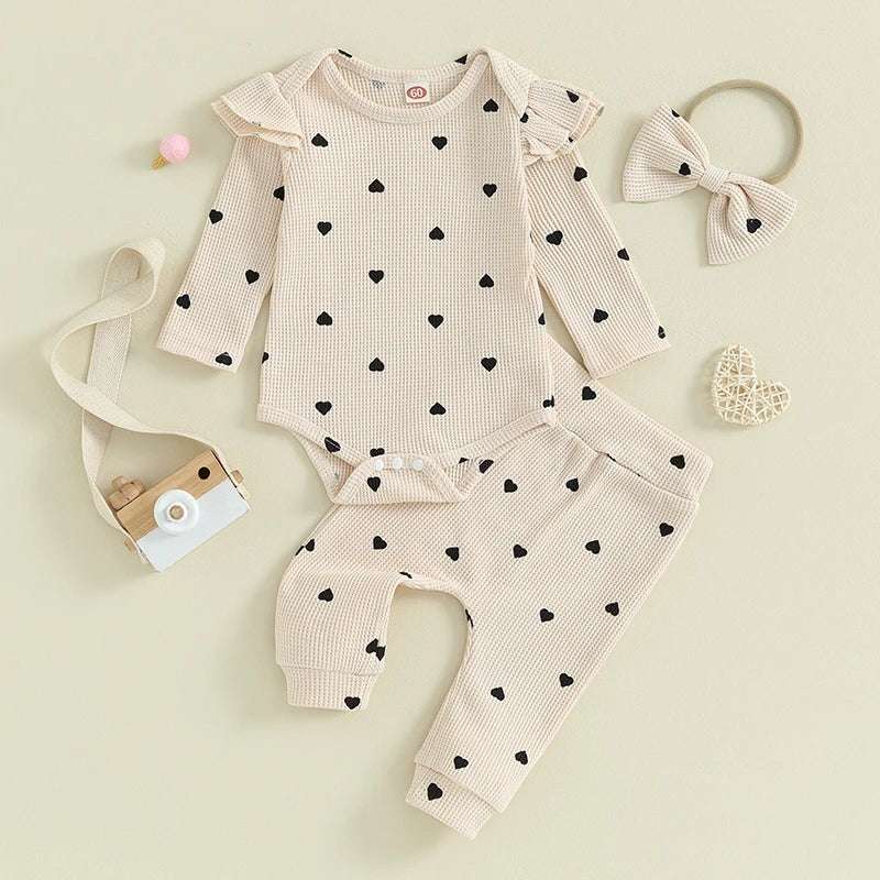 Infant Baby Girl Waffle-Knit Heart Romper, Pants & Headband 3-Piece Fall Outfit Set