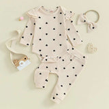 Infant Baby Girl Waffle-Knit Heart Romper, Pants & Headband 3-Piece Fall Outfit Set