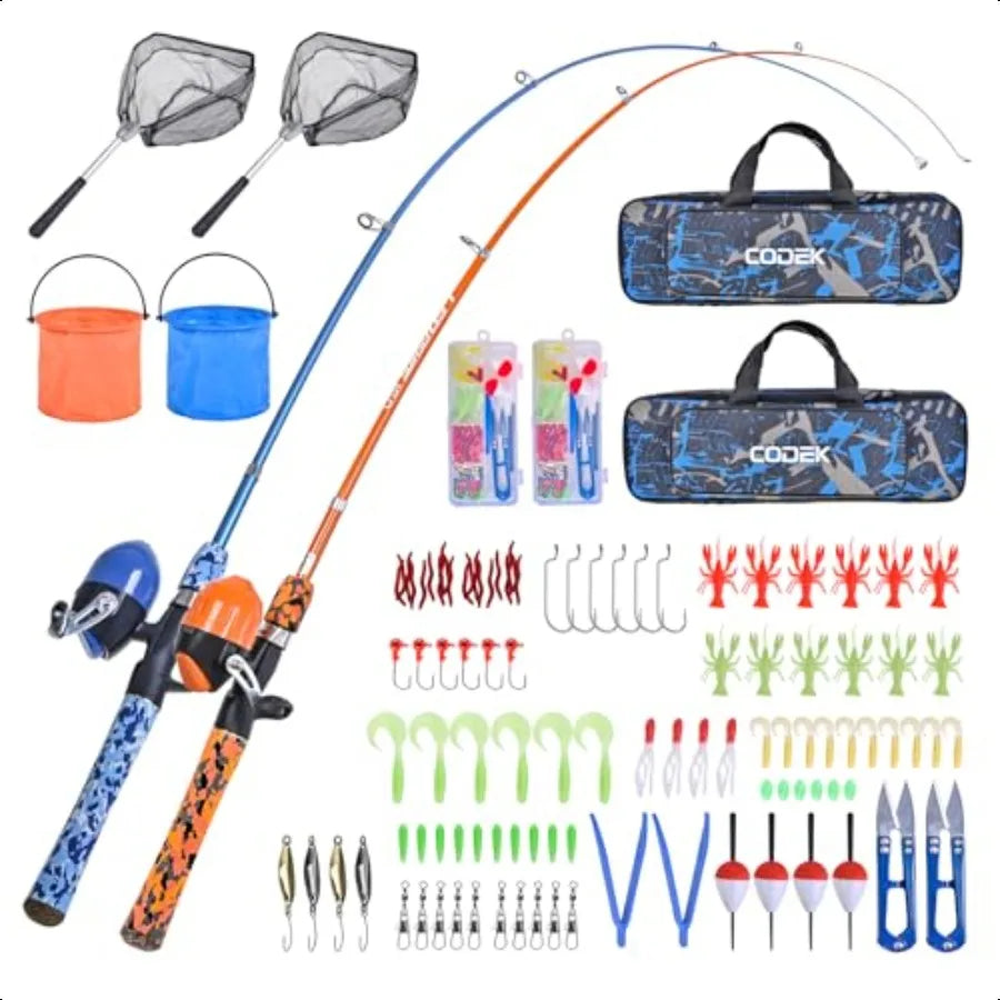 CODEK Fishing Pole Set – 2 Portable Telescopic Rod & Reel Combos with Complete Starter Kits | Kids, Youth & Beginner Fishing Set with Tackle Box