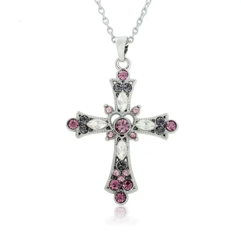 Gothic Zircon Cross Necklace – Unisex Y2K Large Pendant with Irregular Crystal Design for Men & Women