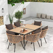 “7-Piece All-Weather Rattan Patio Dining Set – 60” Wood-Top Table with Umbrella Hole & 6 Cushioned Chairs for Outdoor Garden & Backyard”