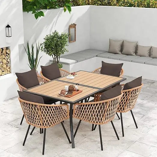 “7-Piece All-Weather Rattan Patio Dining Set – 60” Wood-Top Table with Umbrella Hole & 6 Cushioned Chairs for Outdoor Garden & Backyard”