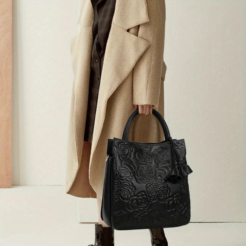 Women’s Floral Embossed Handbag – Fashionable Leather Crossbody Bag with Large Capacity for Work & Daily Use 👜✨
