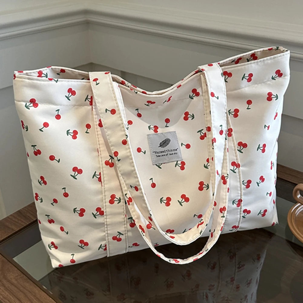 Cherry & Strawberry Print Large Capacity Canvas Tote – Nylon Top-Handle Shoulder Bag