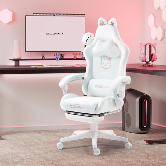 Dowinx Cute Gaming Chair with Cat Ears – Ergonomic Computer Chair with Massage Lumbar Pillow, Footrest & Headrest for Girls & Teens