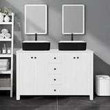 48" White Bathroom Vanity – Marble-Texture Top, 4 Drawers & Double Glass Vessel Sinks (Modern Standing Cabinet)
