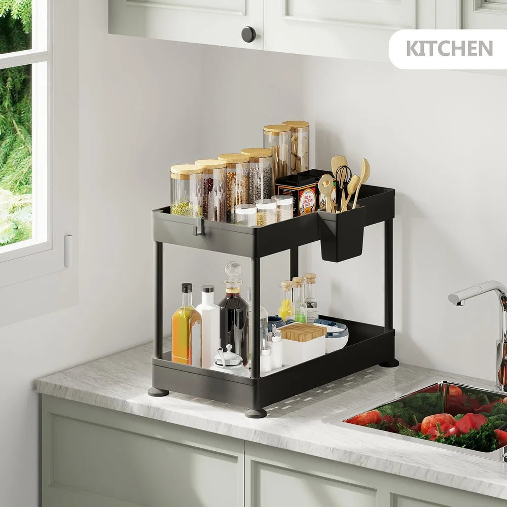 2-Tier Under-Sink Organizer Cabinet Storage – Pull-Out Shelf with Utility Hooks & Side Caddy