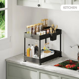 2-Tier Under-Sink Organizer Cabinet Storage – Pull-Out Shelf with Utility Hooks & Side Caddy