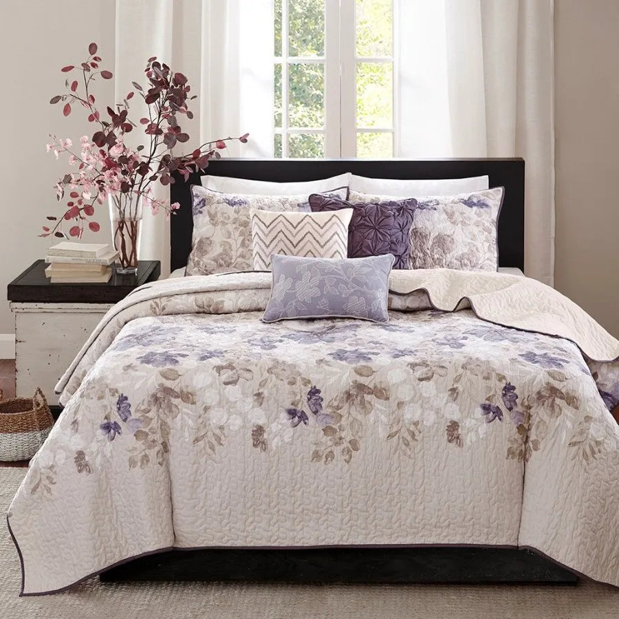6-Piece Printed Quilt Set with Throw Pillows – Taupe King/Cal King Size | Elegant Soft Bedding Ensemble for Modern Bedrooms