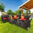 “8-Piece Patio Rattan Conversation Set – Outdoor Wicker Sofa, Chairs & Table with Red Cushions”