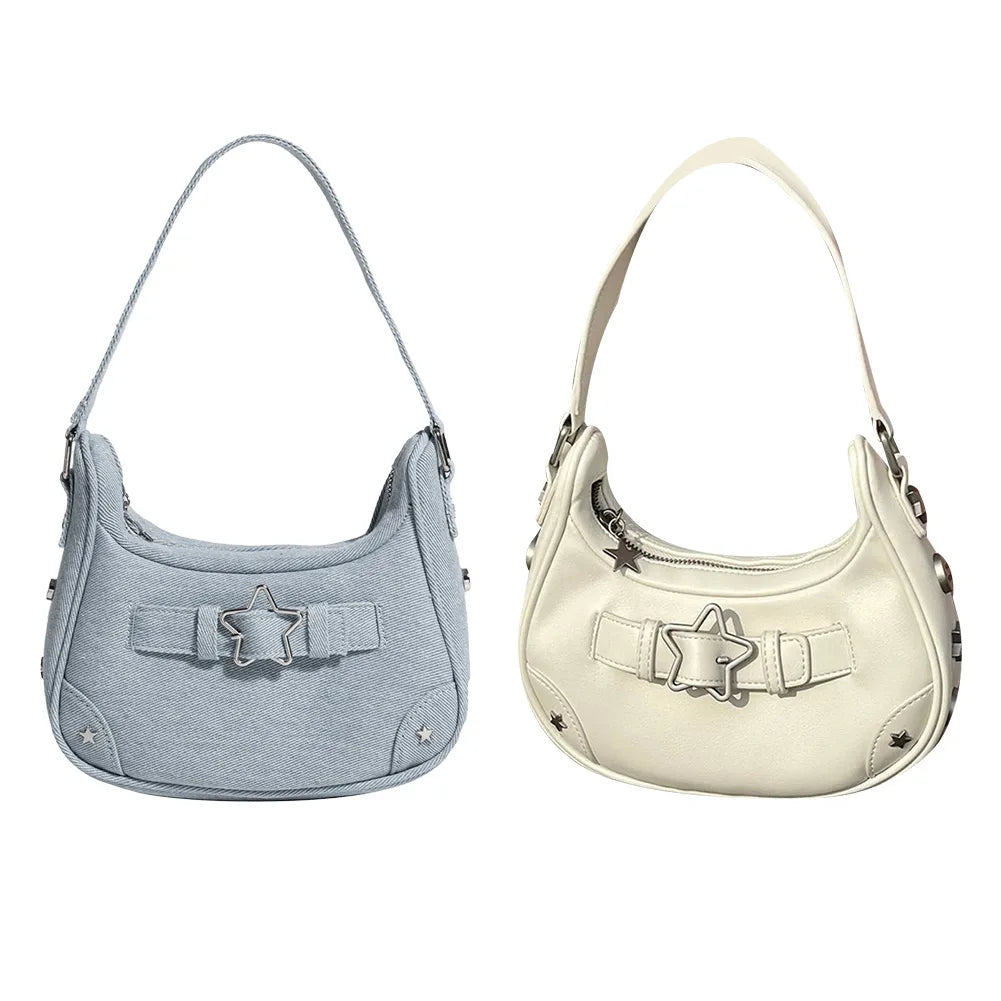 Women’s Vintage Y2K Top-Handle Handbag – Solid Color Purse with Zipper & Star Decor, Cute Tote Gift for Girls