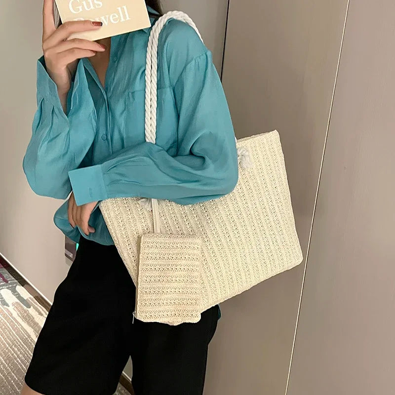 Designer women’s straw tote bag – large-capacity summer beach handbag, casual woven Bali-style purse for vacation, shopping & daily use