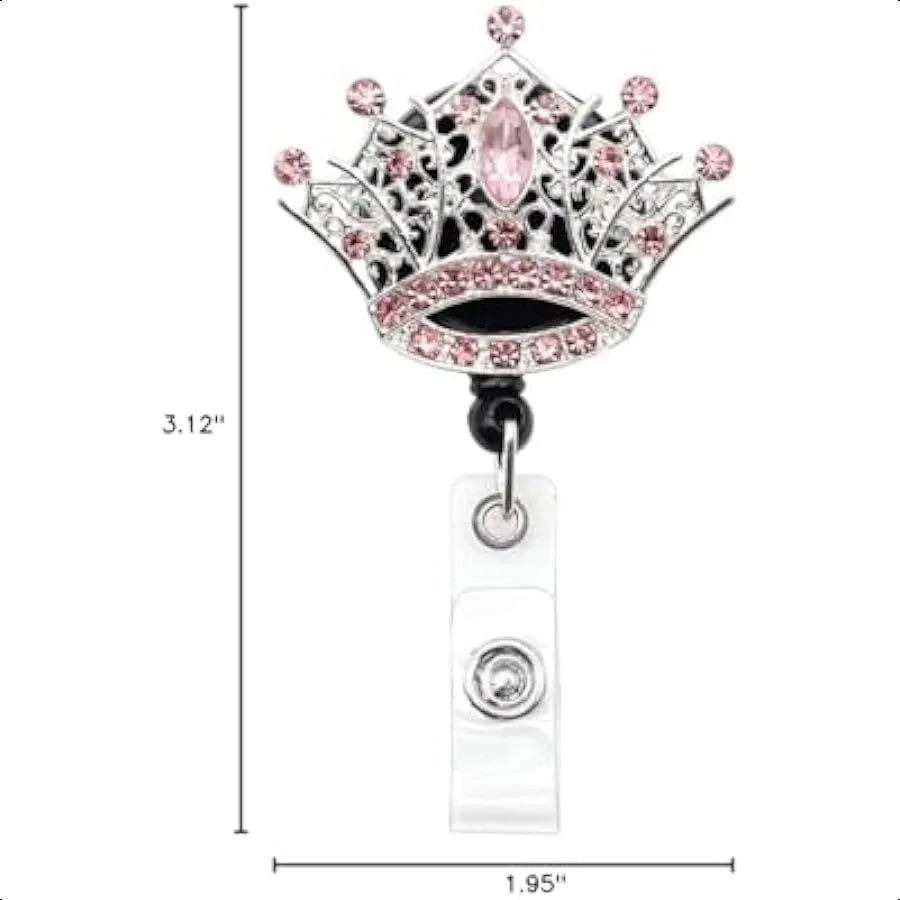 👑 Crystal Rhinestone Crown Badge Reel – Retractable ID Card Holder with Decorative Crown Design for Nurses & Office Staff